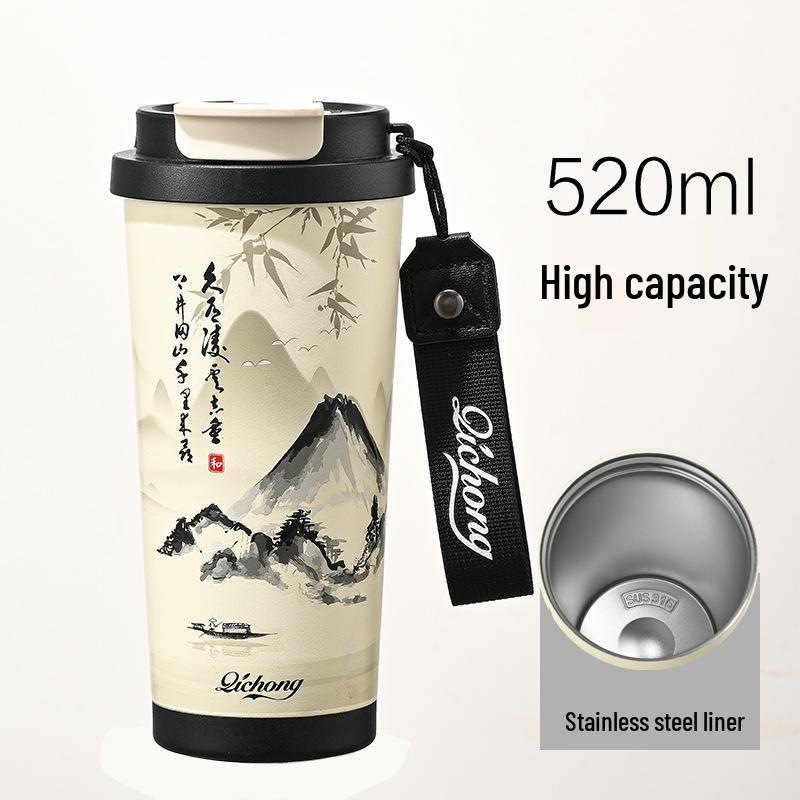 Guochao Double-Walled Coffee Cup with 316 Stainless Steel Liner, Ceramic Thermos, Portable Business Gift.