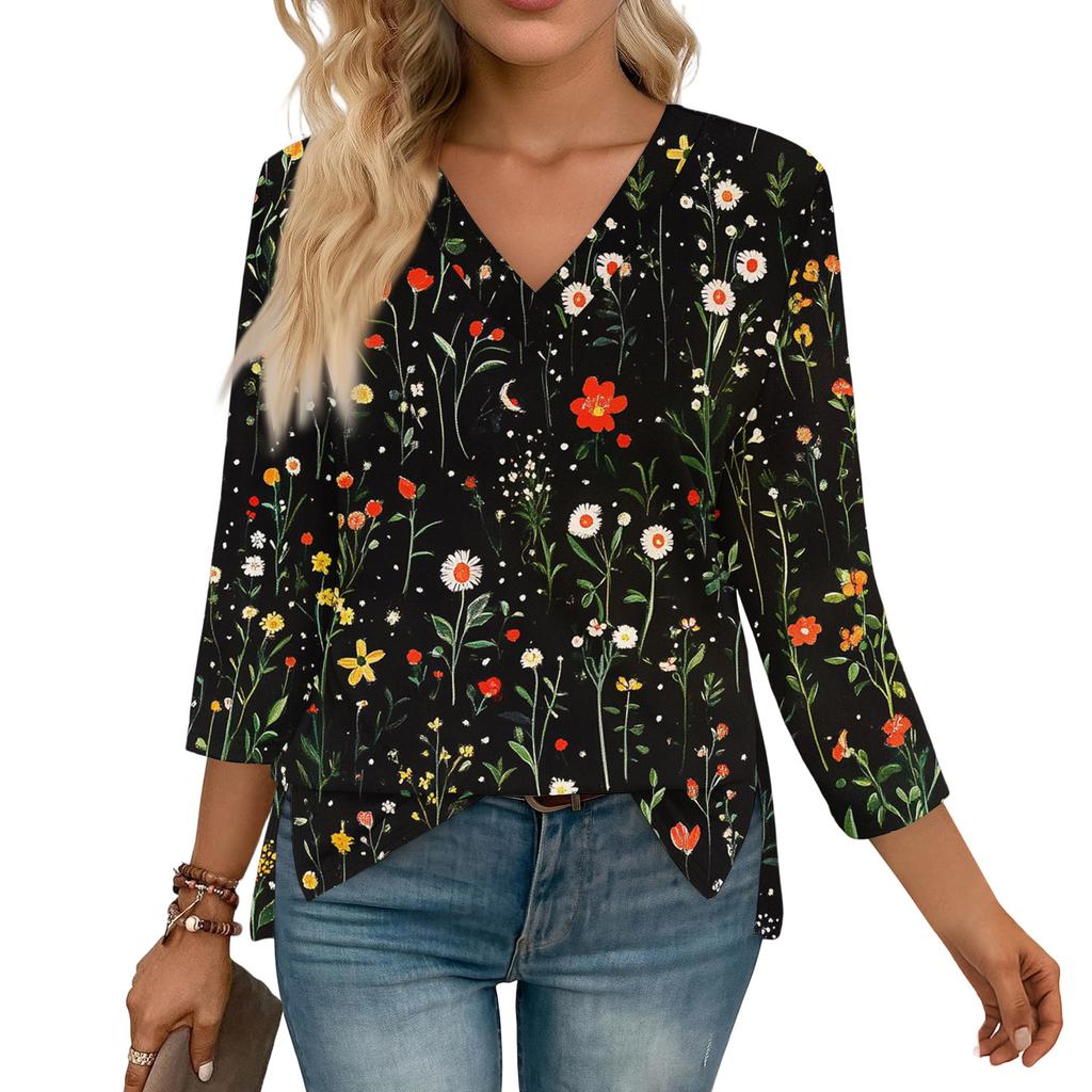 3/4 Sleeve Shirts For Women  Print Graphic Tees Blouses Casual Plus Size Basic Tops Pullover