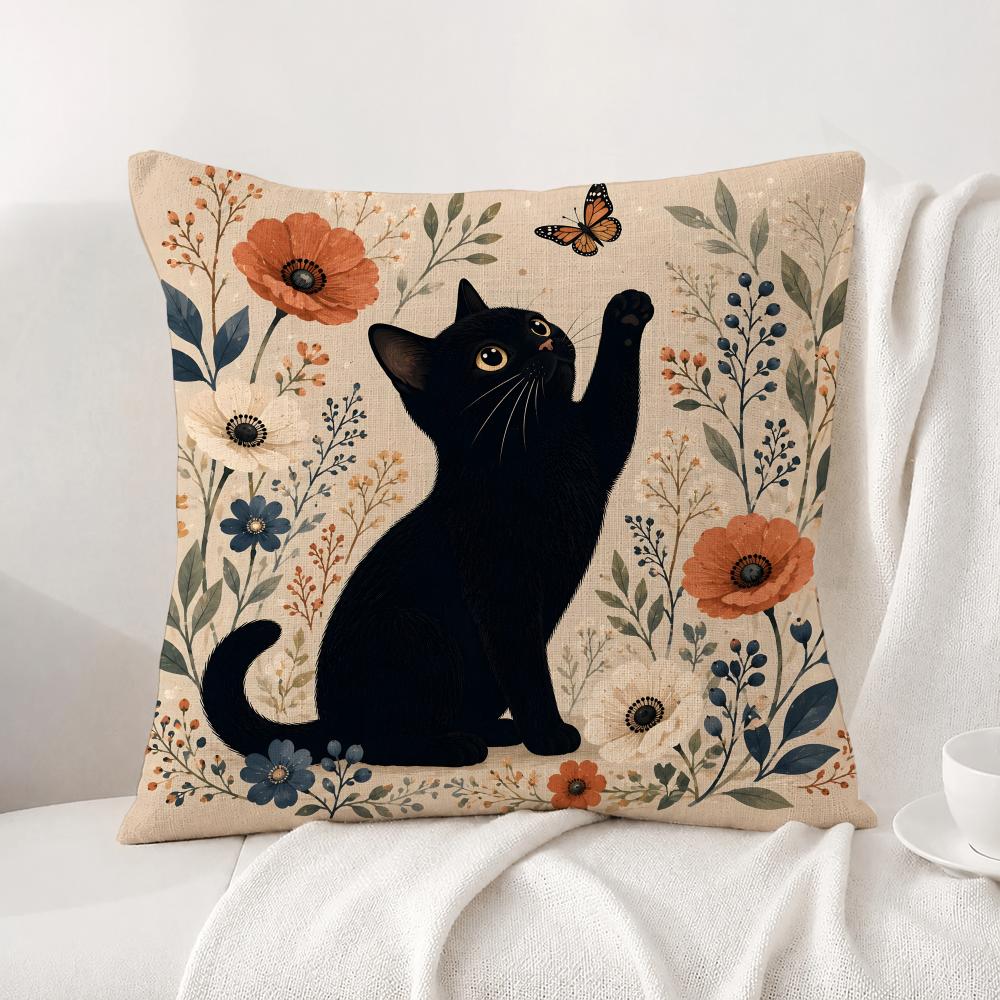Art Black Cat With Flower Cushion Cover Natural Linen Pillowcase Set AllinOne Decor Cushion Cover for Sofa Bedroom Chair