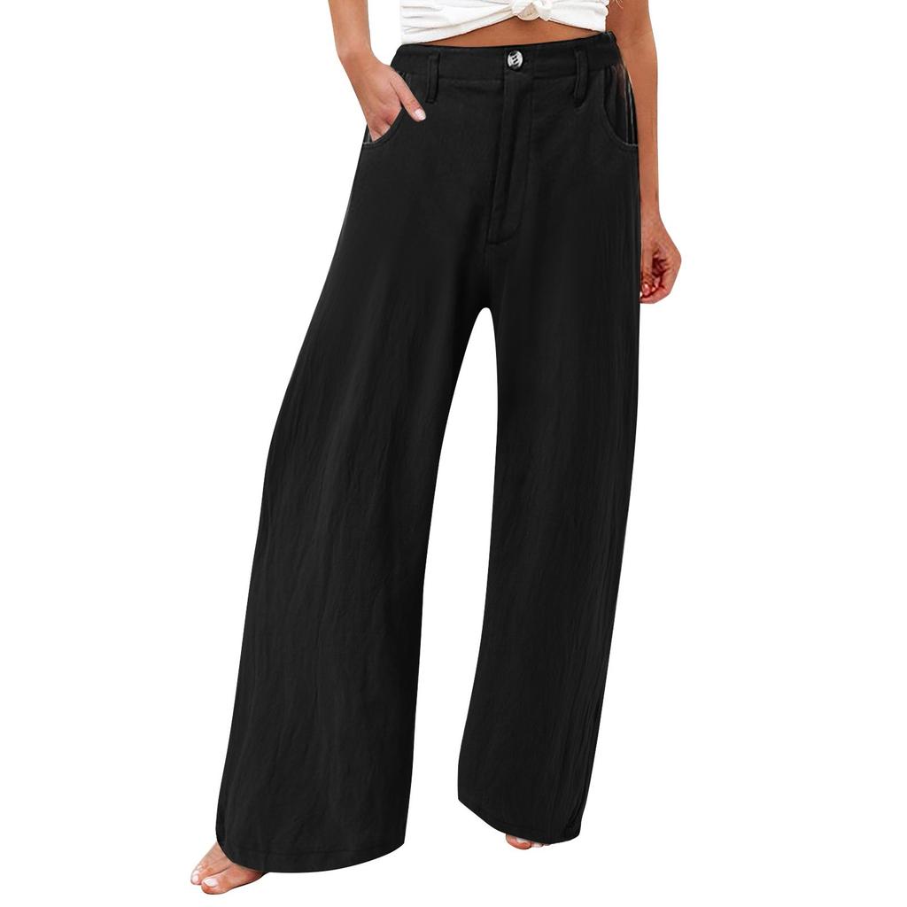 Summer Cotton Linen Wide Leg Pants Women Loose Palazzo Pant Pocket Elastic Waist Button Casual Pants