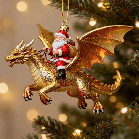 Santa Claus Riding A Dragon Ornaments Fantasy Themed Santa on Dragon Christmas Ornament 2D Acrylic Hanging Decoration for Tree Car Window Yard Decor