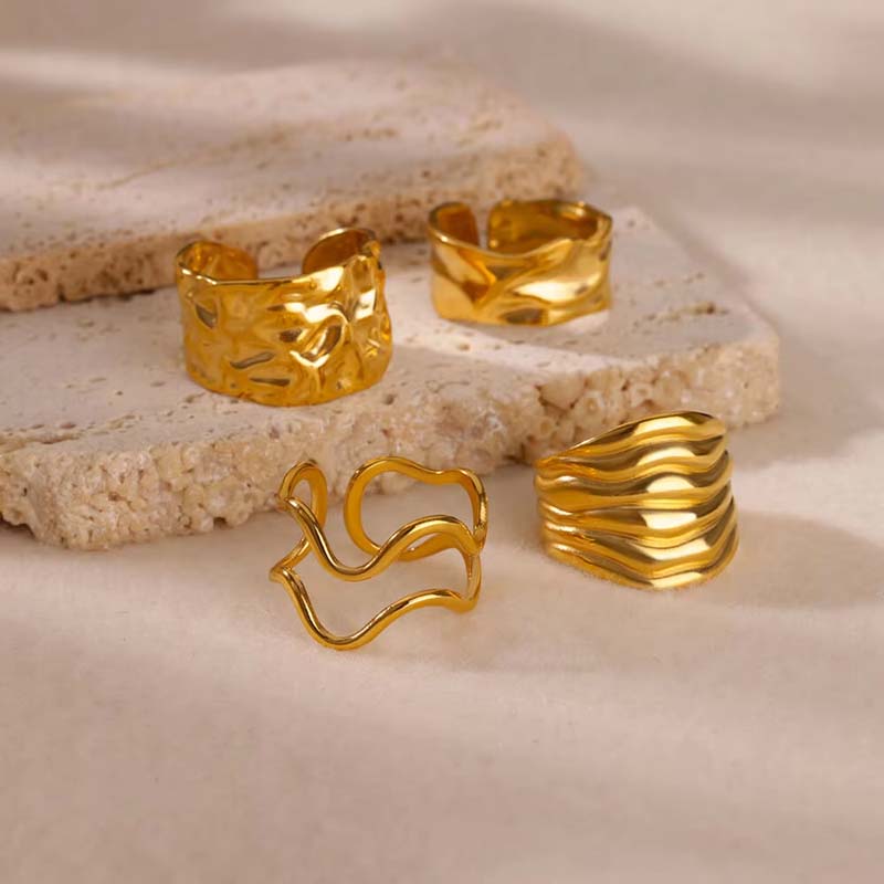Stainless Steel Gold Color Irregular Geometric Opening Rings for Women Fashion Metal Texture Wide Rings Aesthetic Jewelry Gift