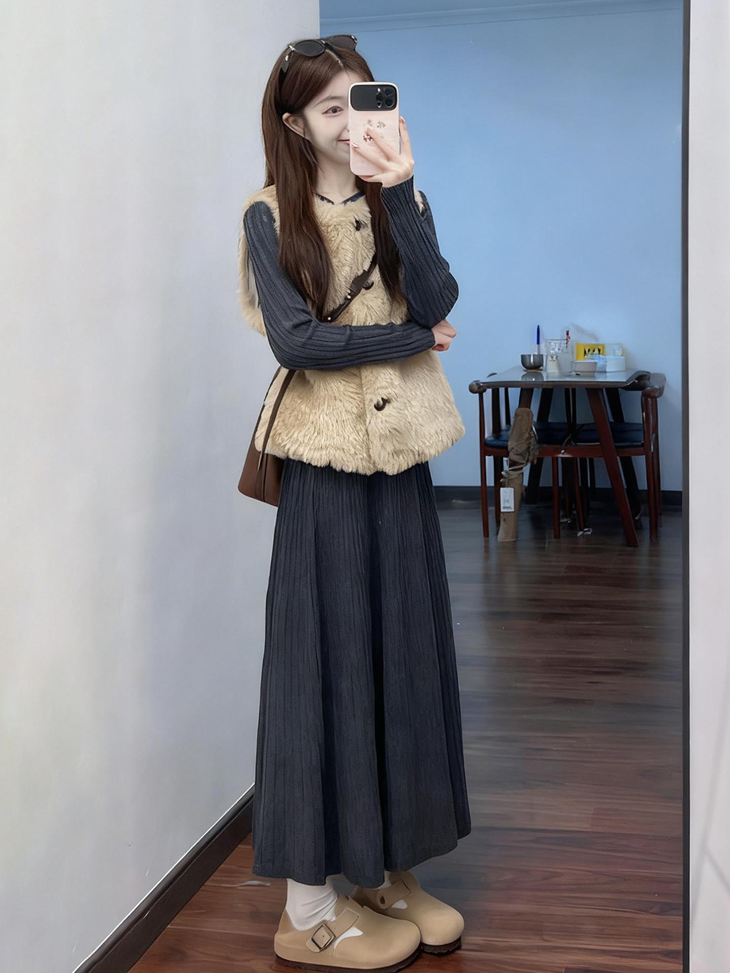 

Women s High-Waisted Wool Blend Midi Skirt: Elastic, Slimming, Pleated A-line for Autumn/Winter Large чёрный