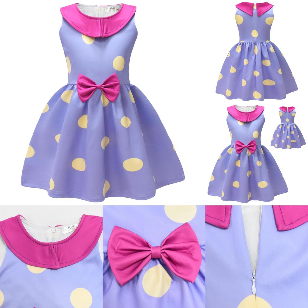 Girls Cotton Blend Sleeveless Bow Dress With Polka Dot Print For Spring And Fall