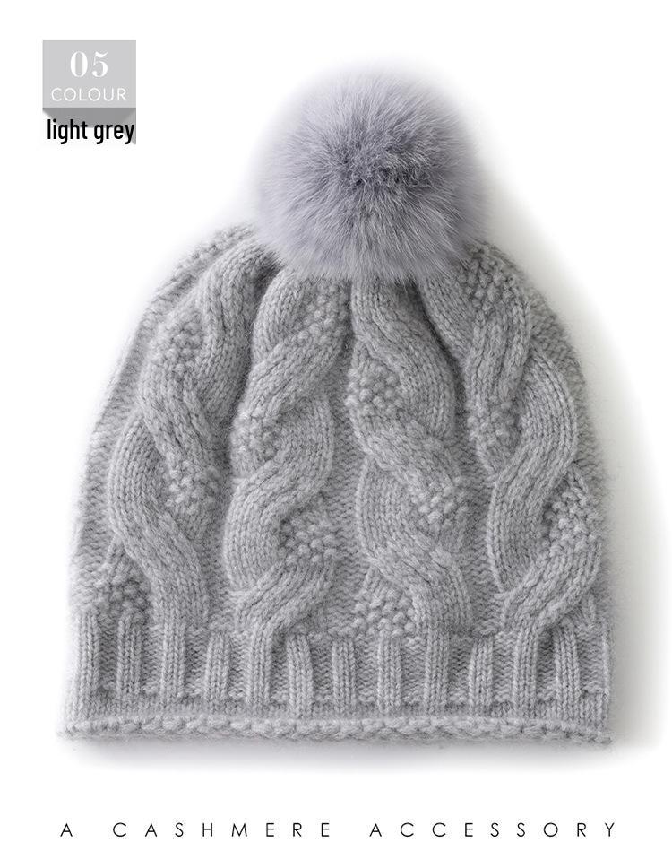 Women's Cable Knit Cashmere Beanie with Fox Fur Pom Pom - Thickened, Warm, and Casual Winter Ear Protection Hat