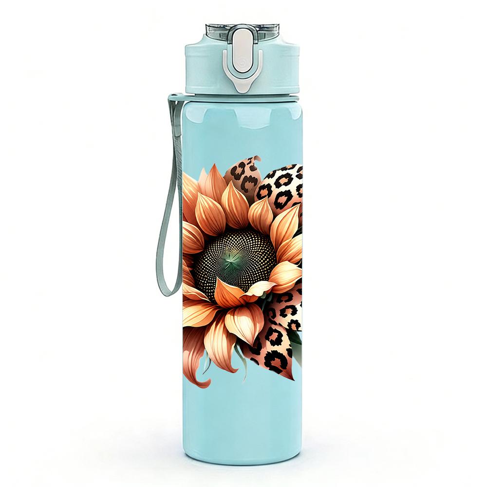 1PC Leopard Sunflower Bloom Graphic,750ml Color Plastic Sports Water Bottle,Leakproof Flip Straw Lid,Suitable for Sports Office Home Use