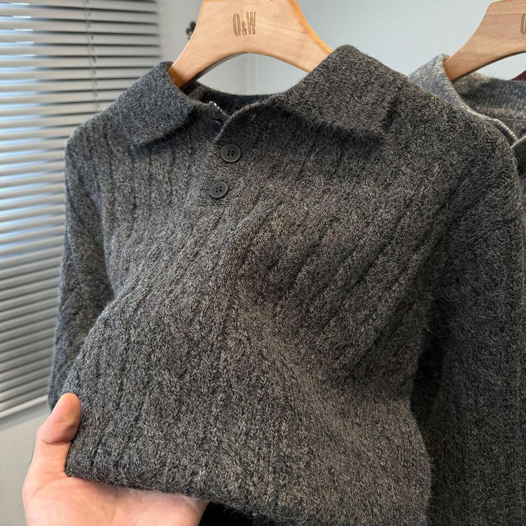 Men's High-End Solid Color Cable Knit Sweater with Lapel, Thickened and Warm for Autumn/Winter, Inner or Base Layer.
