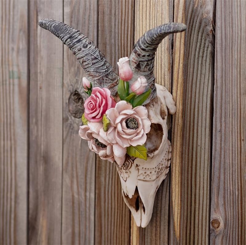 Wall Sculpture Simulation Flower Goat Skull Artwork Props 3D Animal Crafts Decor