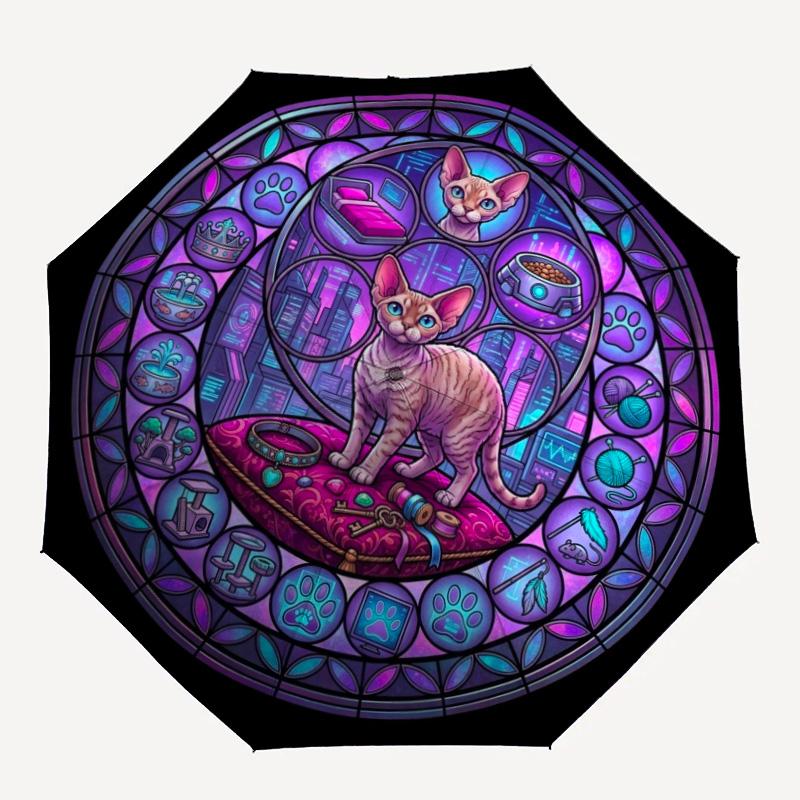 Glass Cat Fantasy pattern umbrella, portable and foldable design, 8 ribs, a casual accessory for Halloween, Christmas, and birthday gifts.