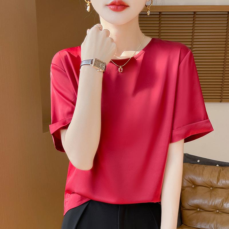 

Жіночий літній ацетатний атласний топ з коротким рукавом, круглим вирізом, вільного крою - Однотонний модний пуловер L червоний