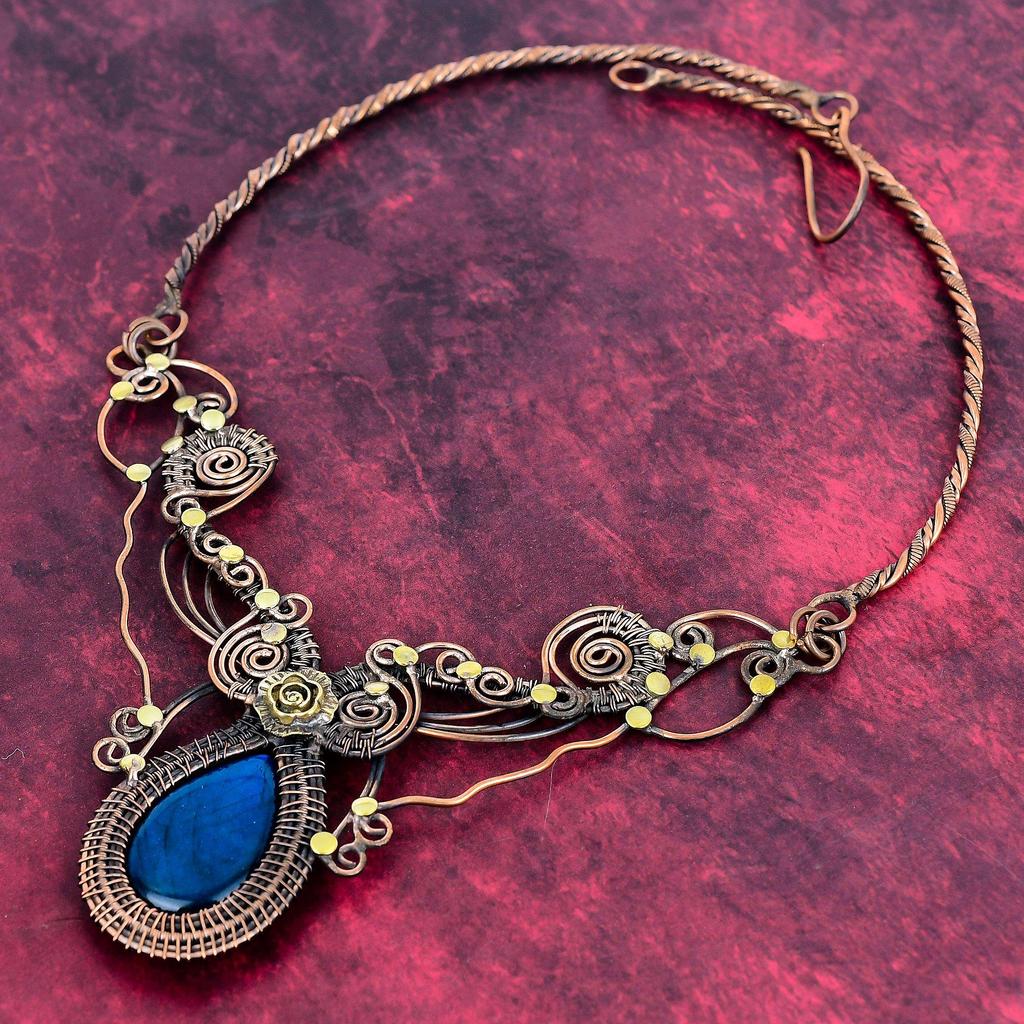 Neon Flash Labradorite Gemstone Necklace Copper Wire Wrapped Adjustable Necklace