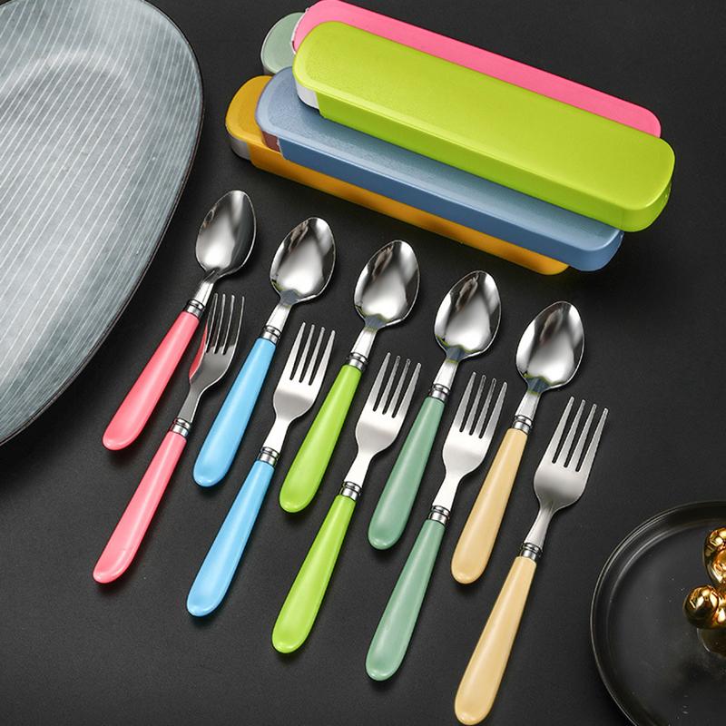 2Pcs/Set Portable Spoon Fork Combination Travel Tableware Set Stainless Steel Dinnerware With Box For Kid School Cutlery