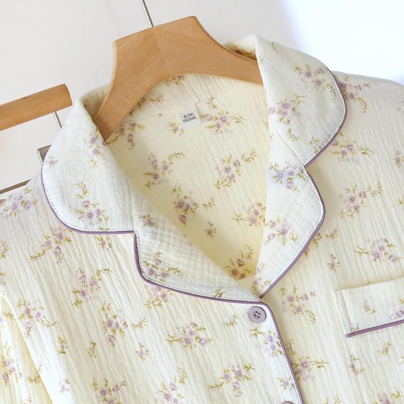2026 Spring and Autumn Women's New Pajama Cotton Long Sleeved Pants Set with Collar Flower Crape Fabric Home Clothing Set Ladies