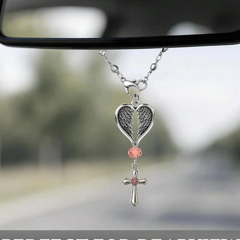 Guardian Heart Wing Cross Charm - Car/Steering Wheel/Handbag Pendant Silver Tone with Pink Crystal Elegant Decor for Auto Interior & Bag Accessory