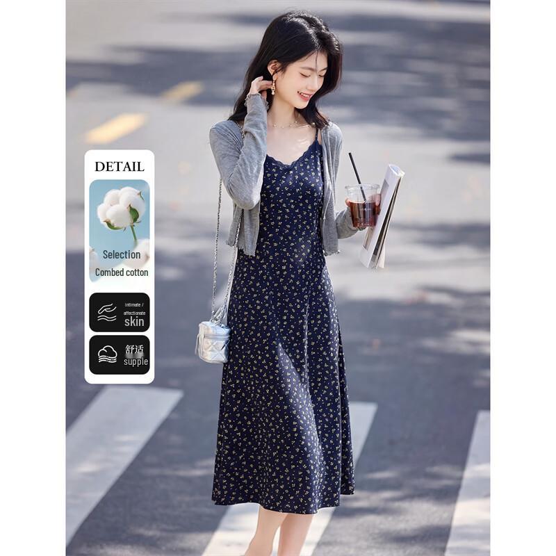 Women s French Floral Suspender Dress & Knit Cardigan Set XL