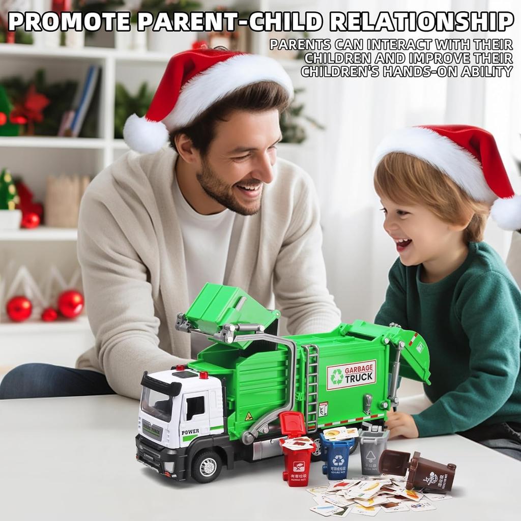 Garbage Truck Toys,Metal Diecast Cab,Pull Back with Lights and Sounds,Recycling Truck Toy with Trash Cans and Bins,Garbage Trucks for Boys Age 4-7