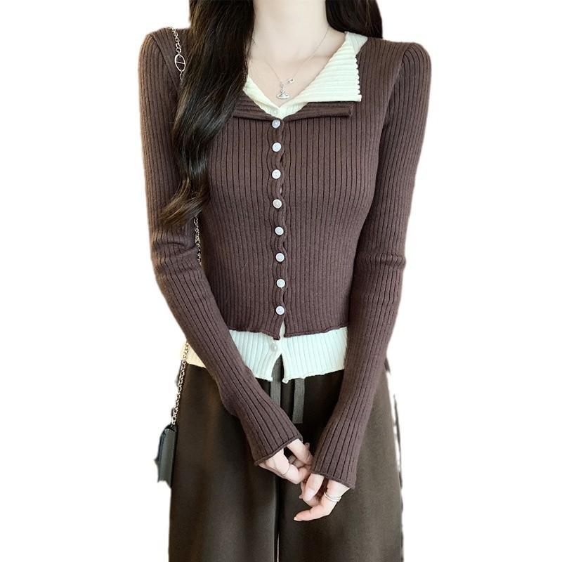 

Осень V-образный вырез Ложный двухкомпонентный С длинным рукавом Короткий Приталенный Осень Начало осени Свитер Свитер Нижнее белье для женщин XL