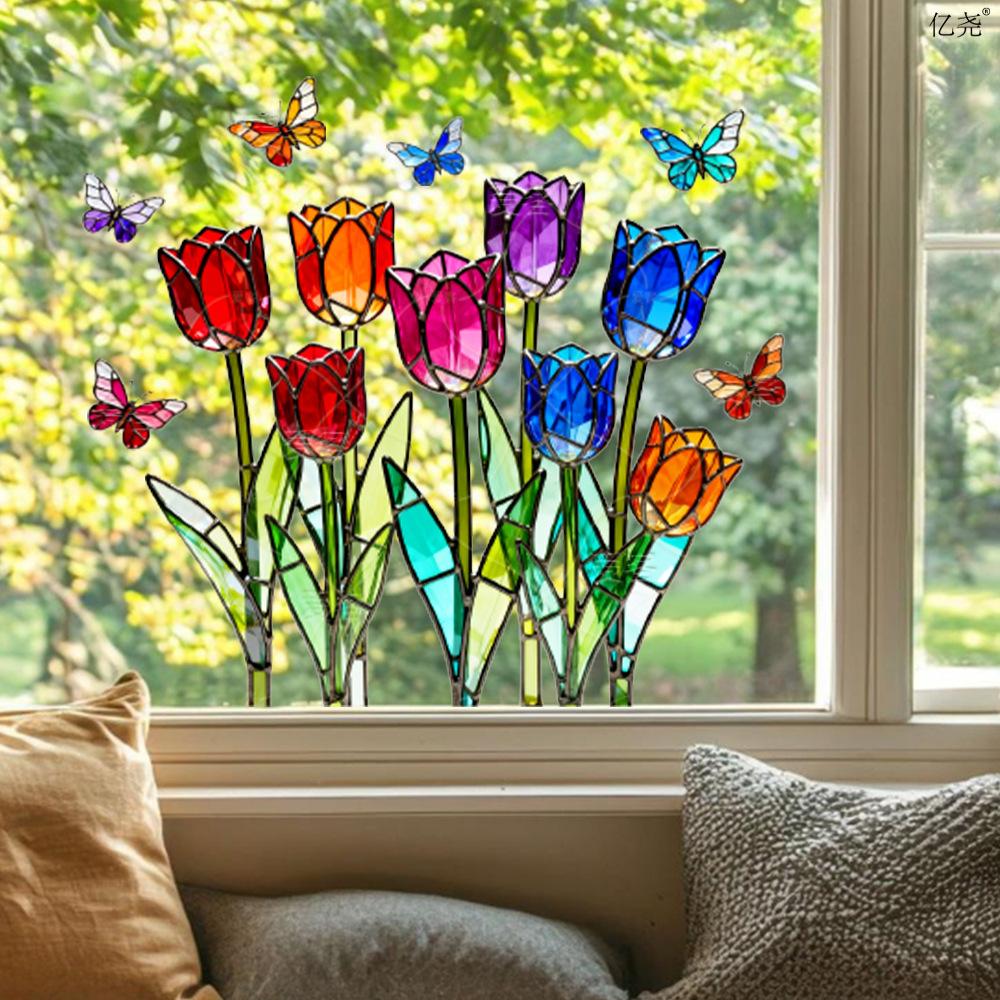 Nordic Glass Art Tulip Static Cling Window Sticker for Bedroom Home Decor