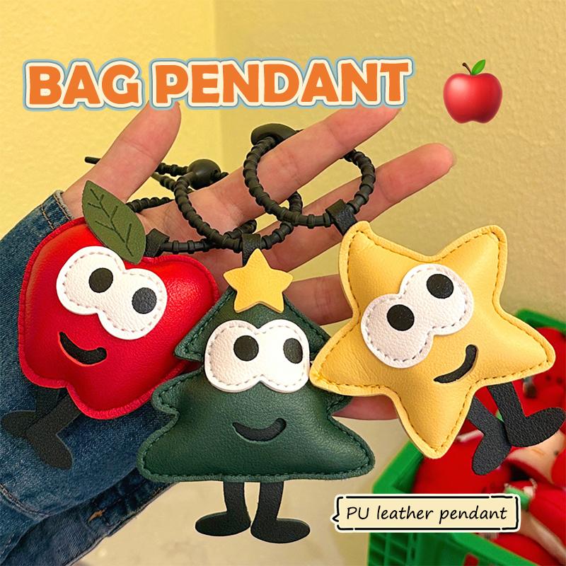 Cute Cartoon Christmas Tree Star Keychain Creative Pu Leather Keyring Backpack Pendant Key Hanging Decoration Xmas Gifts