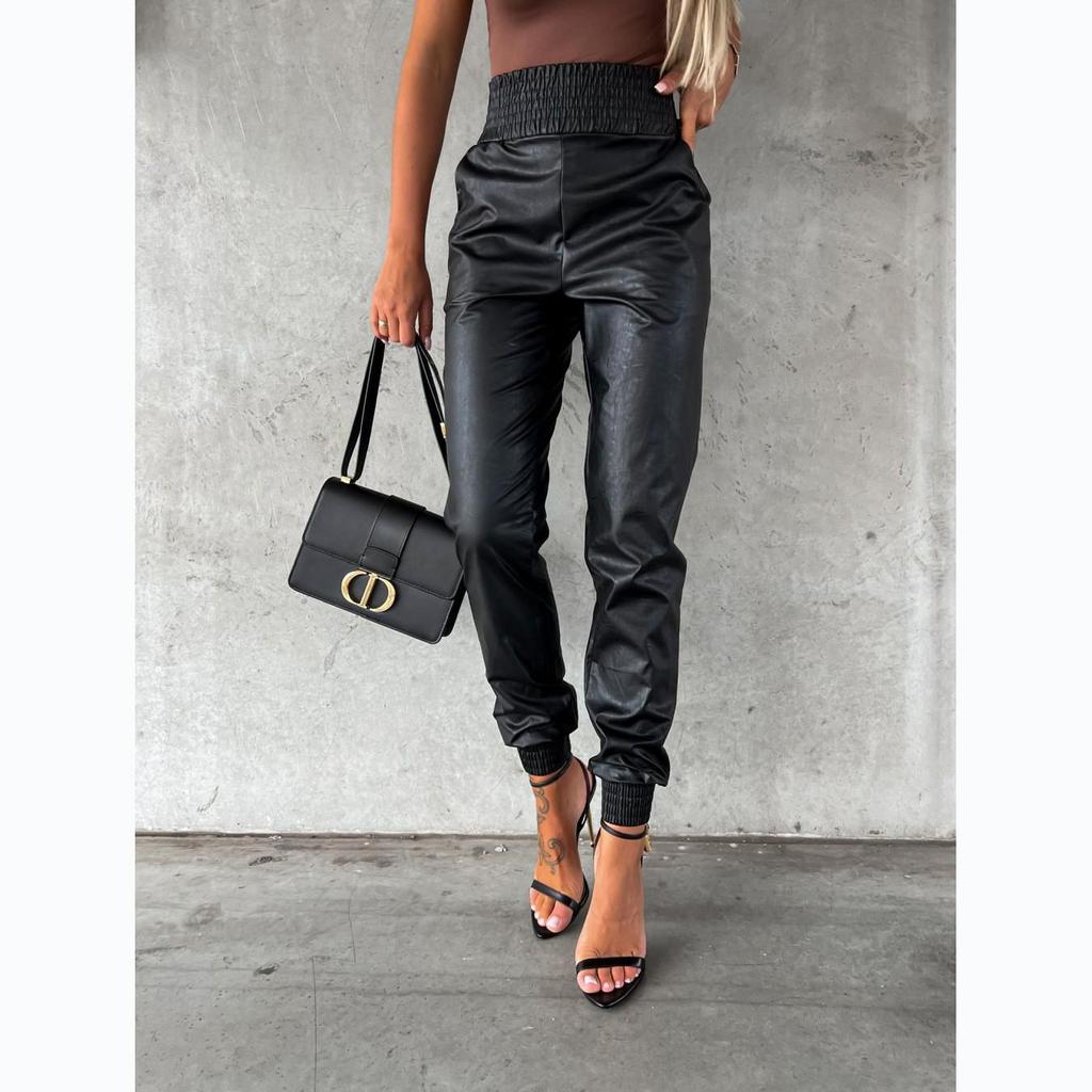 Street Trend High-Waist Leather Pants for Women - European & American Motorcycle Style, Autumn/Winter Fashion