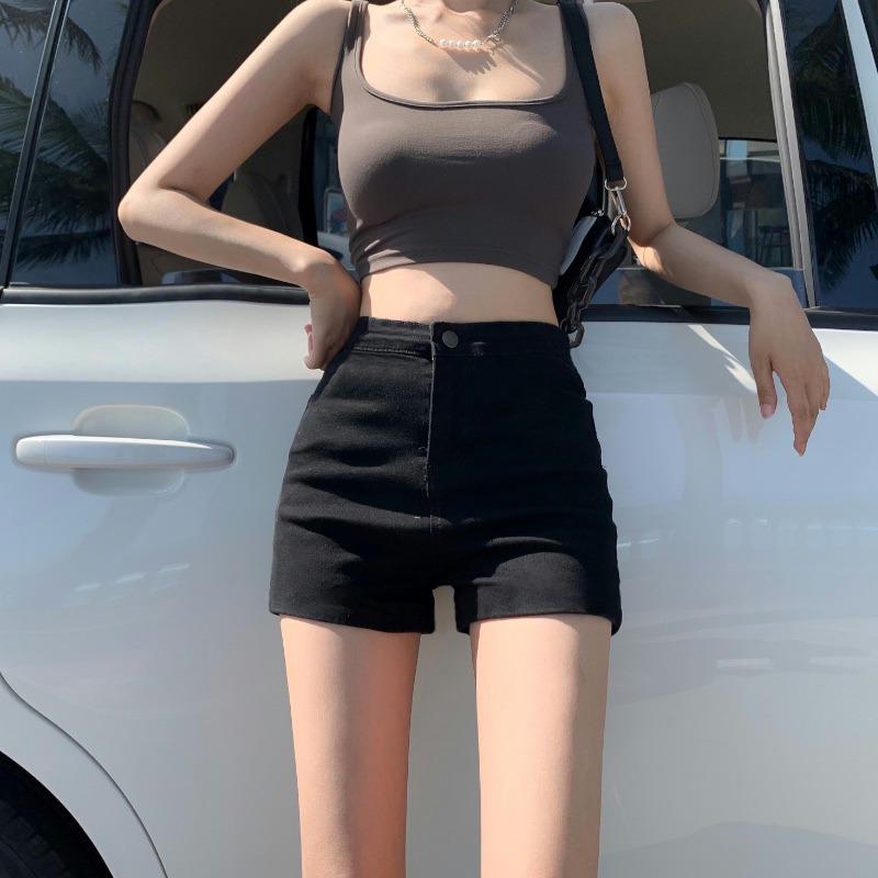 Schwarze High-Waist Stretch-Denim-Shorts für Damen 2025 - Schlankmachende Hotpants für Frühling/Sommer