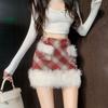 Christmas Outfit Fur Patchwork Red Plaid Woolen Skirt Women's Early Spring Petite High Waist Hip Short Skirt