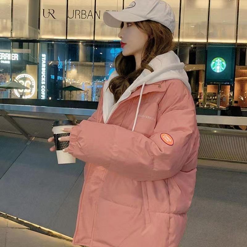 

Свитер шапка пуховик хлопковая одежда женская зимняя новая свободная простая студенческая утолщенная куртка-хлеб XXL розовый