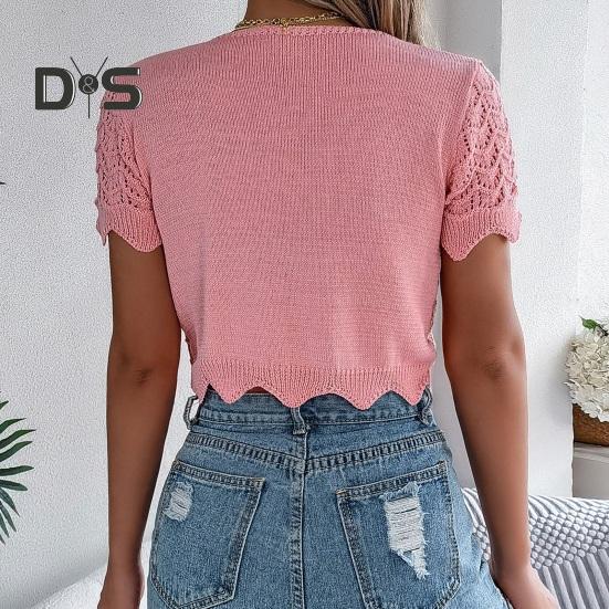 Topuri croșetate pentru femei, cu mâneci scurte, cu șireturi, cu design gol, de tricotat, cu protecție solară, pentru vacanțe de vară