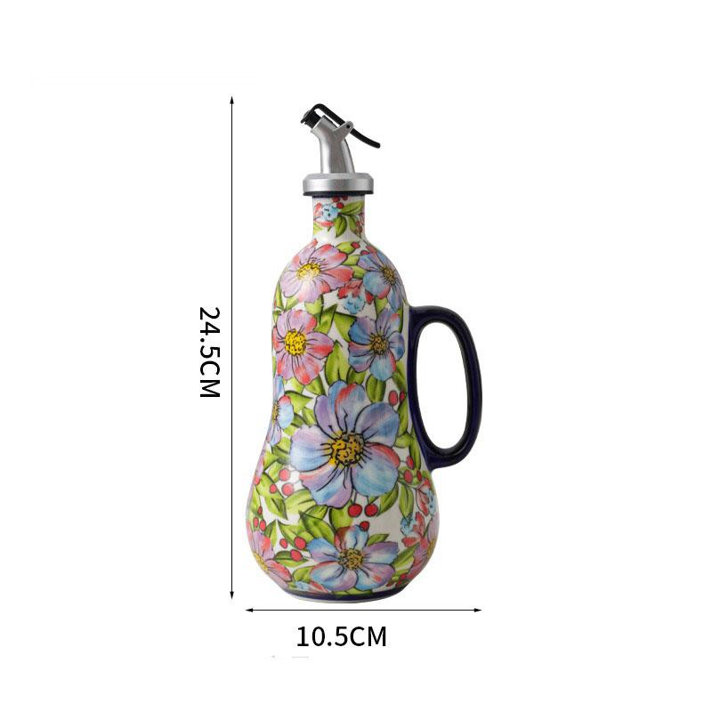 Vintage Floral Ceramic Oil Bottle 600ml, Hand Painted Polish Style Vinegar Dispenser with Handle, Kitchen Decor Cruet