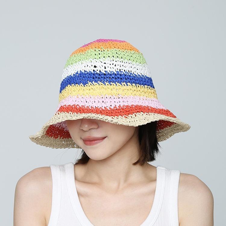 Rainbow Striped Straw Bucket Hat Women's Summer Breathable Sunscreen Face Small Sunshade Sun Hat Beach Fashion Straw Hat
