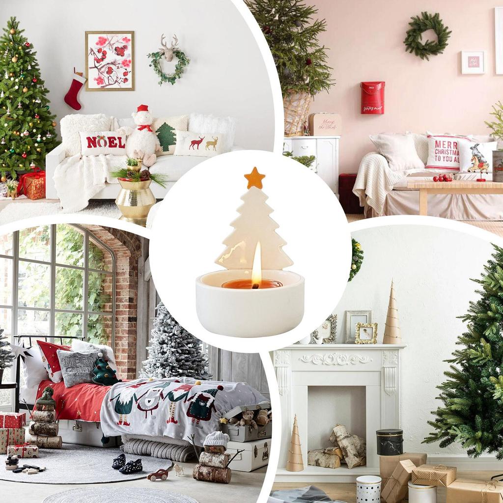 Christmas Tree Candle Holder Tree Decorative Craft Ceramic Tabletop Candlestick For Christmas Home Mantle Winter Holiday