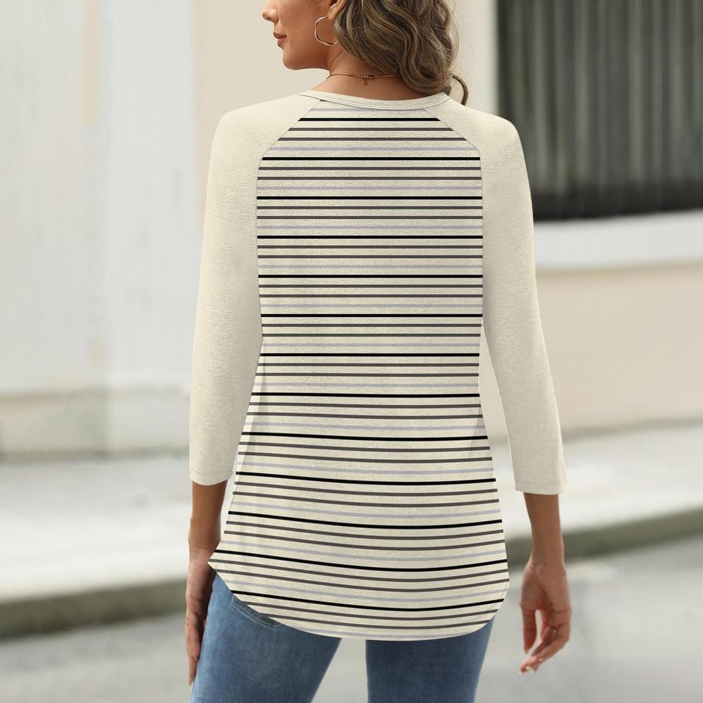 T-shirt imprimé boutonné à manches 3/4 pour femme - Haut basique à col en V - Mode quotidienne - Week-end