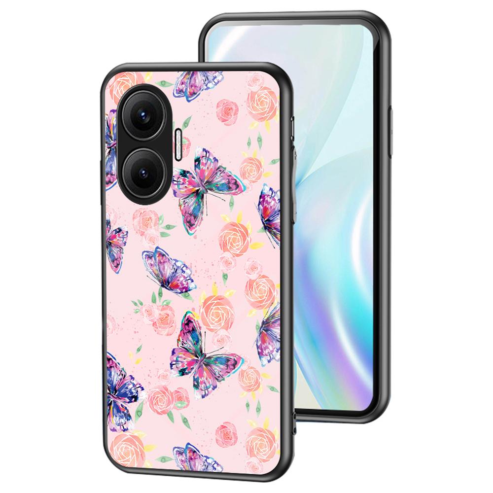 

For Xiaomi Poco F7 5G/Redmi Turbo 4 Pro 5G Case Butterfly Pattern TPU+Tempered Glass Protective Phone Cover Rose Butterfly