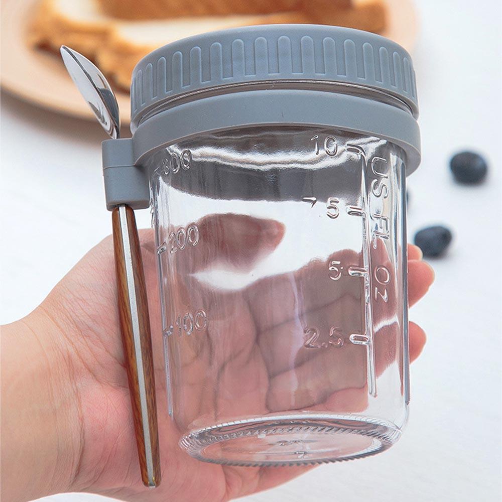 350ML Glasbehälter Versiegelt Tragbarer Becher mit Deckel Löffelhalter für Joghurt Frühstückscerealien Haferflocken Milchbehälter mit Skala