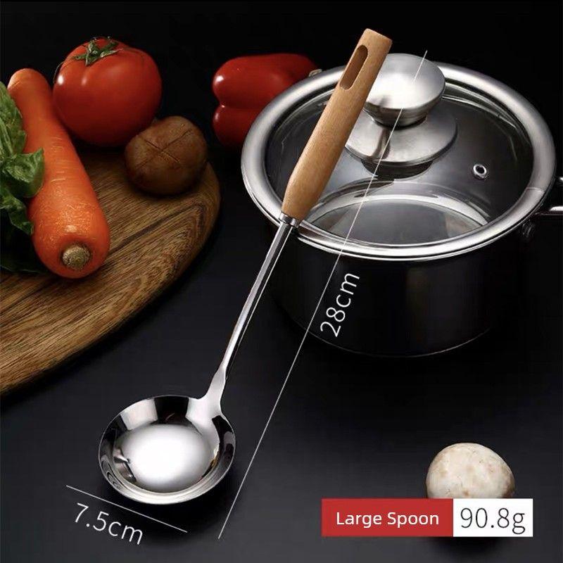 Platinum Stainless Steel Skimmer Spoon for Home Kitchen Use, Creative Japanese-Style Wooden Handle Soup Spoon, Stainless Steel Spoon 201 Yuanmei Beech-7 Soup Shell