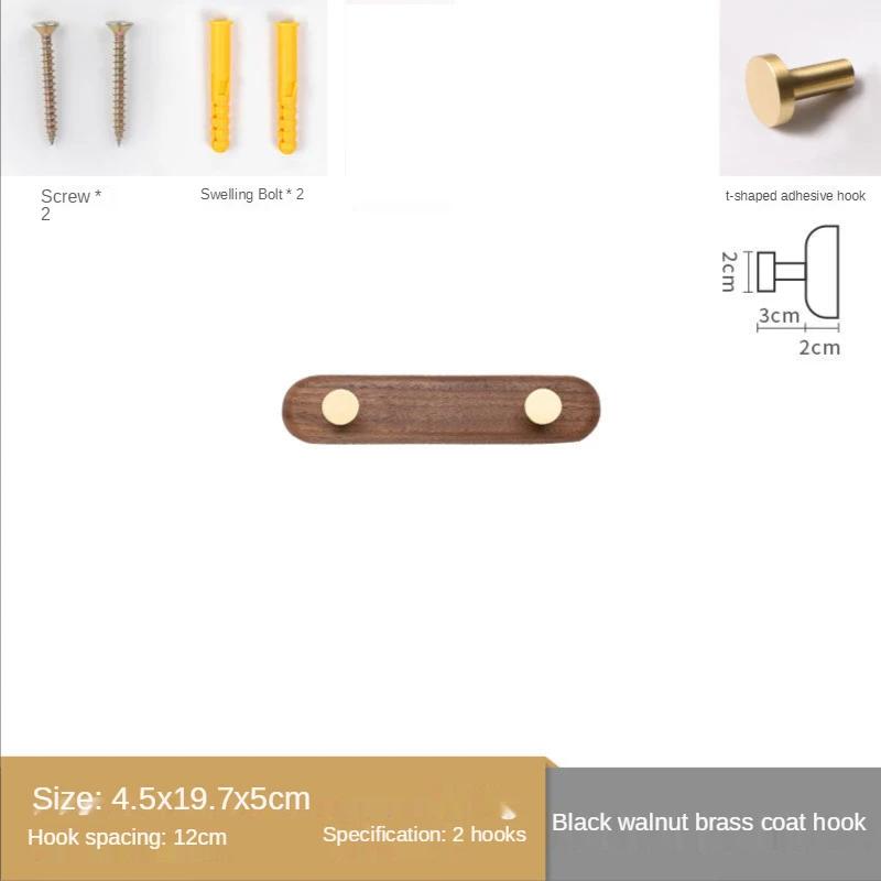1pc Solid Wood Brass Coat Hook, Black Walnut Wood Coat Hanger, Clothing Hooks,Wall Mounted Storage Rack Drilling Installation