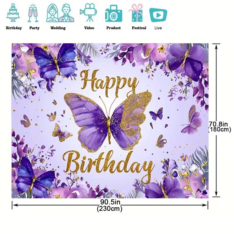 2D Purple Floral Butterfly Happy Birthday Backdrop Gold Accent Party Decoration Banner