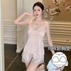 Sexy Women's Thin Suspender Pajamas Spring and Autumn Summer Lace Lace Pajamas Ice Silk Loungewear with Chest Pads