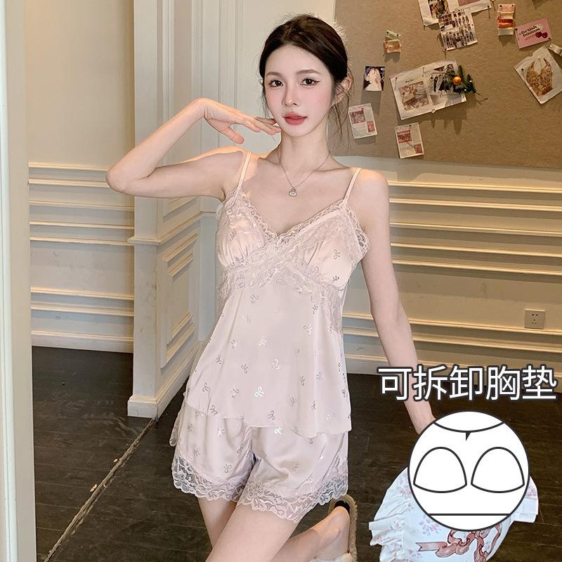 Sexy Women's Thin Suspender Pajamas Spring and Autumn Summer Lace Lace Pajamas Ice Silk Loungewear with Chest Pads