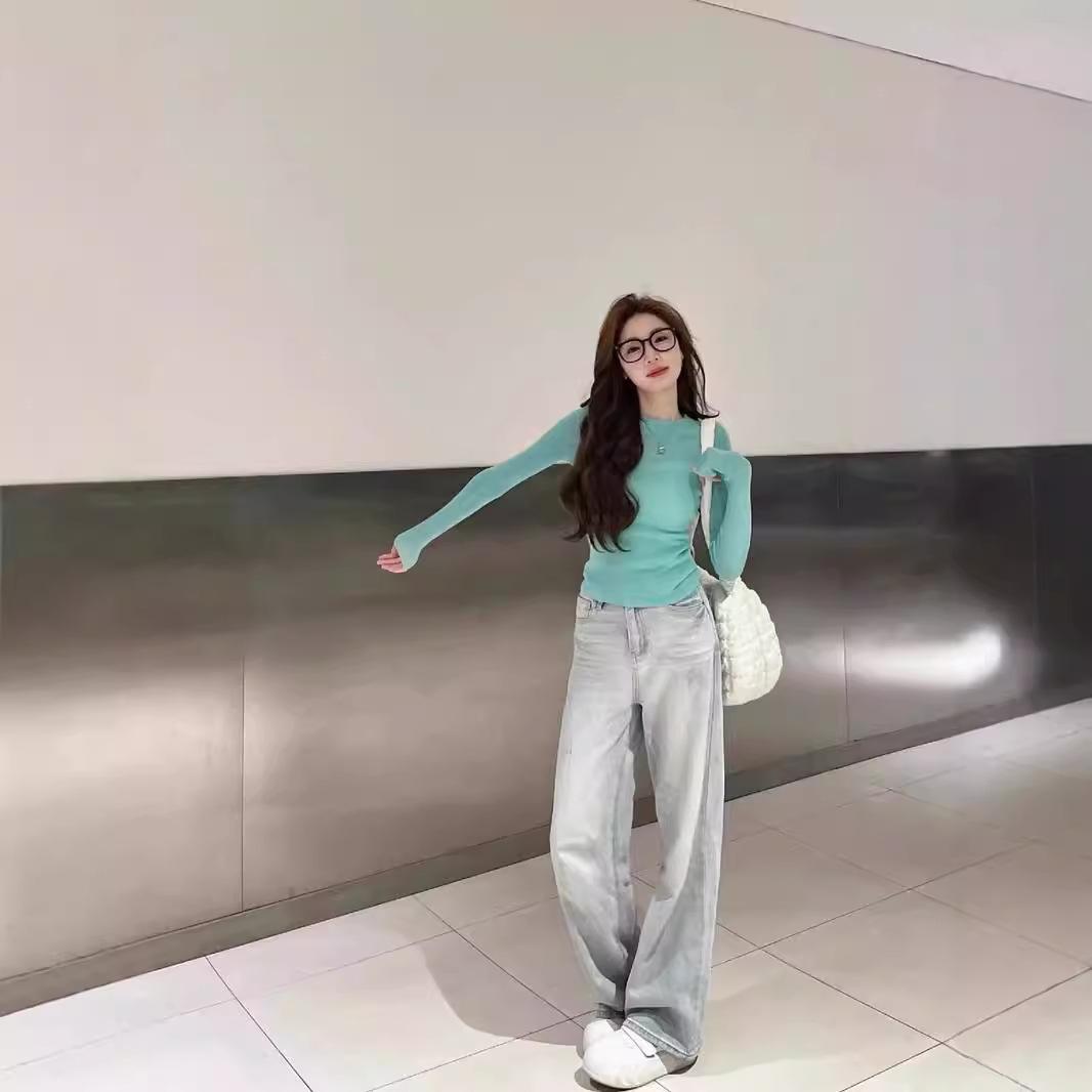 

Korean Style Mint Green Sheer Long-Sleeve Knit Top - Slimming & Versatile Spring Fashion for Women L