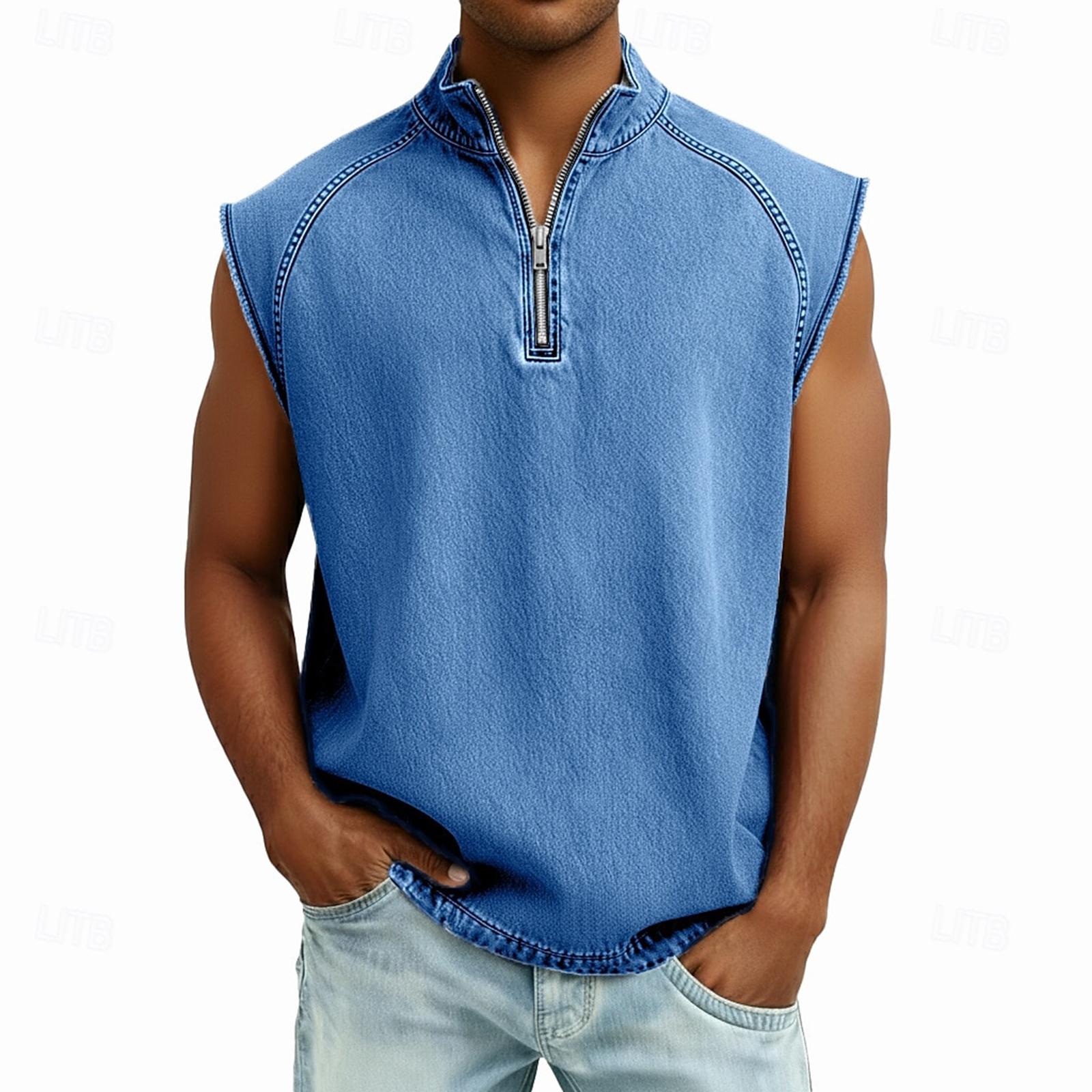 

Men s Sleeveless Zipper Summer And Fashionable Casual Retro- Shirt XXXL синій