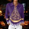 Women's Casual Button Long Sleeve Christmas Print Collared Top with Side Slits at Hem