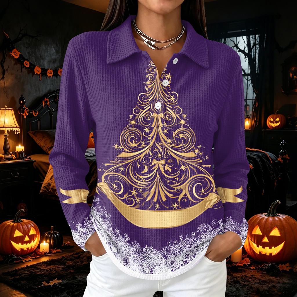 Women's Casual Button Long Sleeve Christmas Print Collared Top with Side Slits at Hem