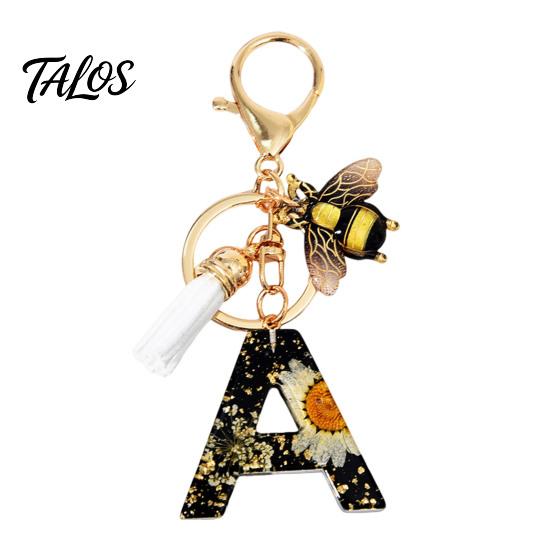 Talos Black Series Keychain Pendant, Dried Flower Initial Letter Charm Key Chain with Bee Tassel Design, A-Z Holder for Bag Purse Backpack