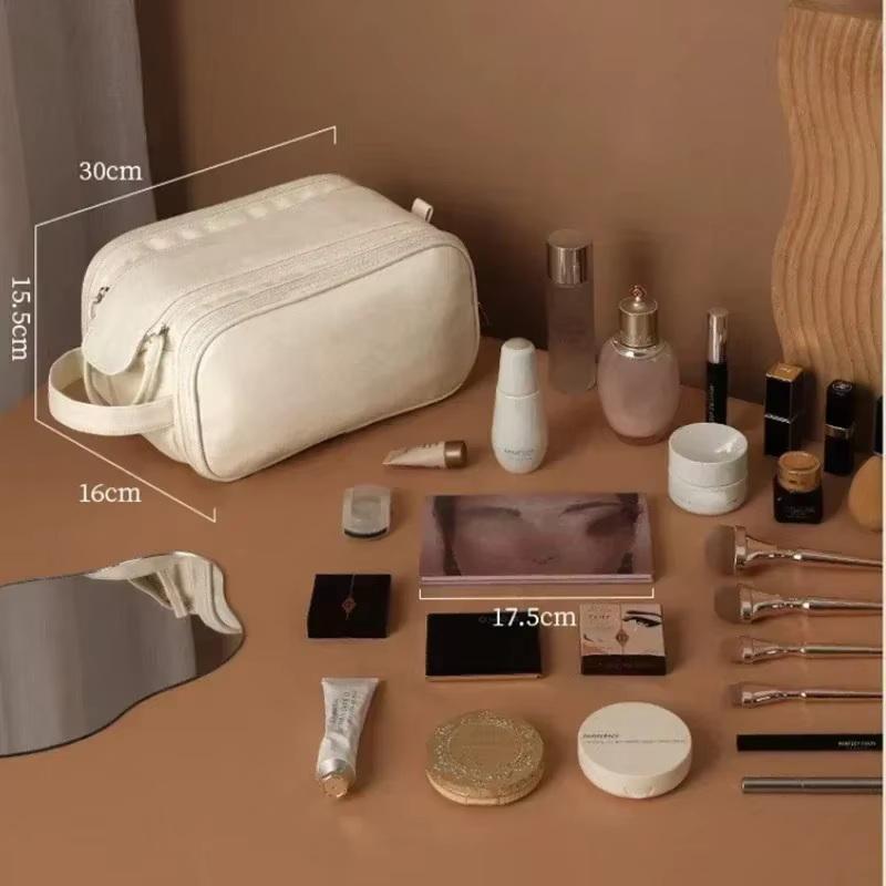Multifunctional Makeup Bag For Women Pu Leather Large Capacity Portable Double Zipper Travel Makeup Brush Toiletries Storage Bag