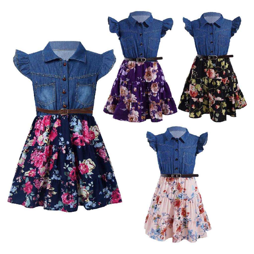 Girls Dresses Denim Floral Swing Skirt with Belt Girls Fashion Causal Clothes