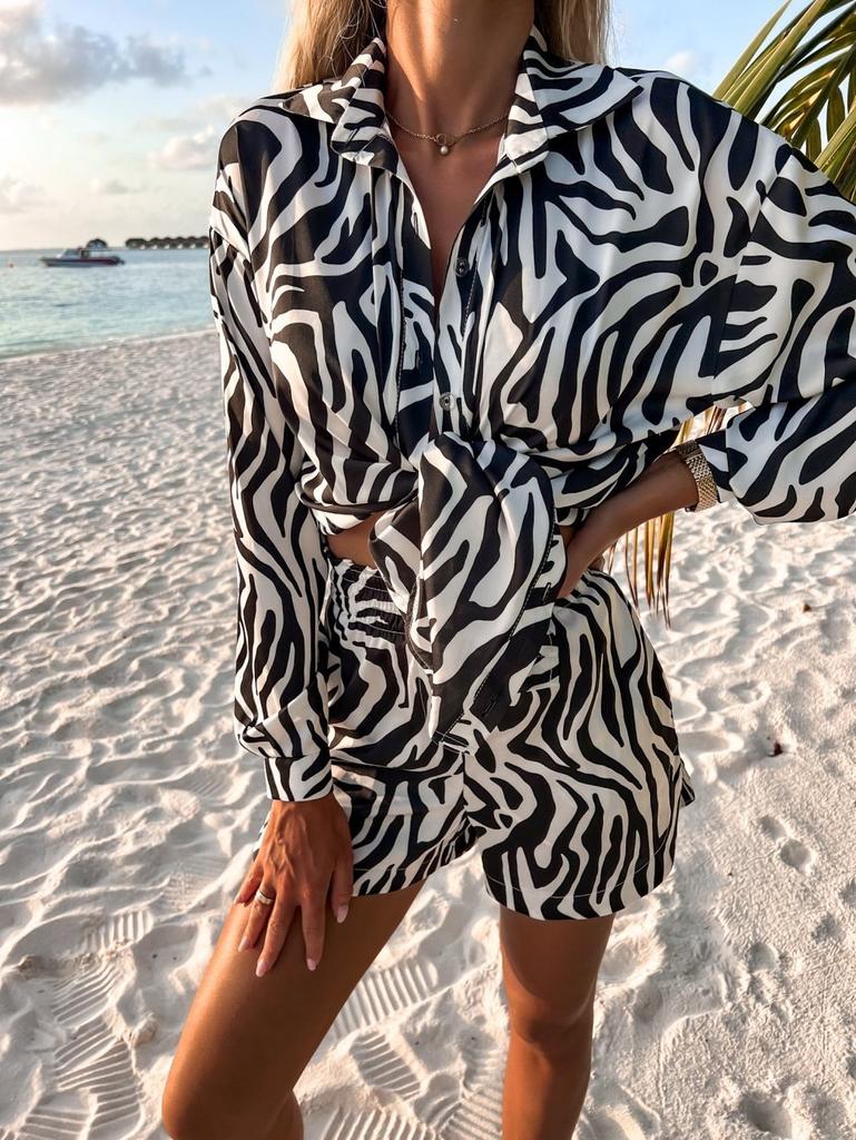 Tooxika New Vacation Style Casual Printed Long Sleeved Shorts Two-piece Set