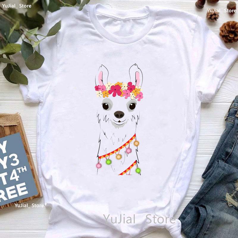 Kawaii Alpaca With Flowers And Coffee Print T Shirt Girls Summer Short Sleeve Tshirt Femme Fashion Tops Tee Shirt Female