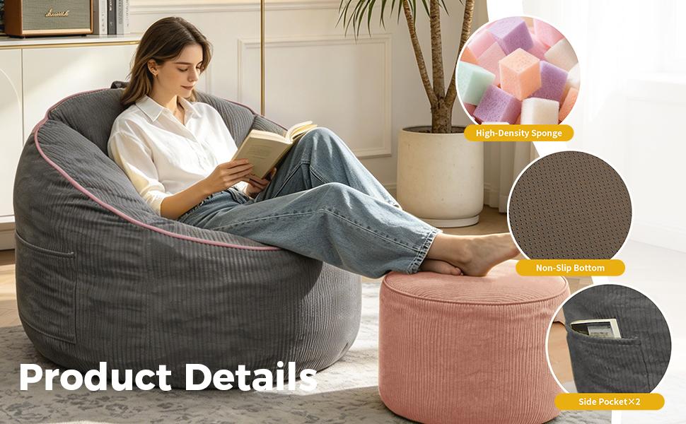 Ergonomic Curved Bean Bag Chair with Detachable Storage Pocket and Matching Cylindrical Ottoman for Modern Home Comfort