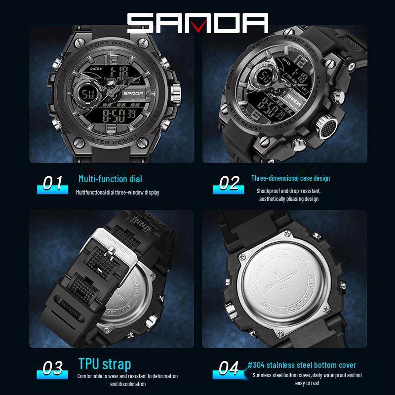 Sanda Men's Waterproof Tactical Sports Watch - Outdoor Multifunctional Military Style Student Wristwatch
